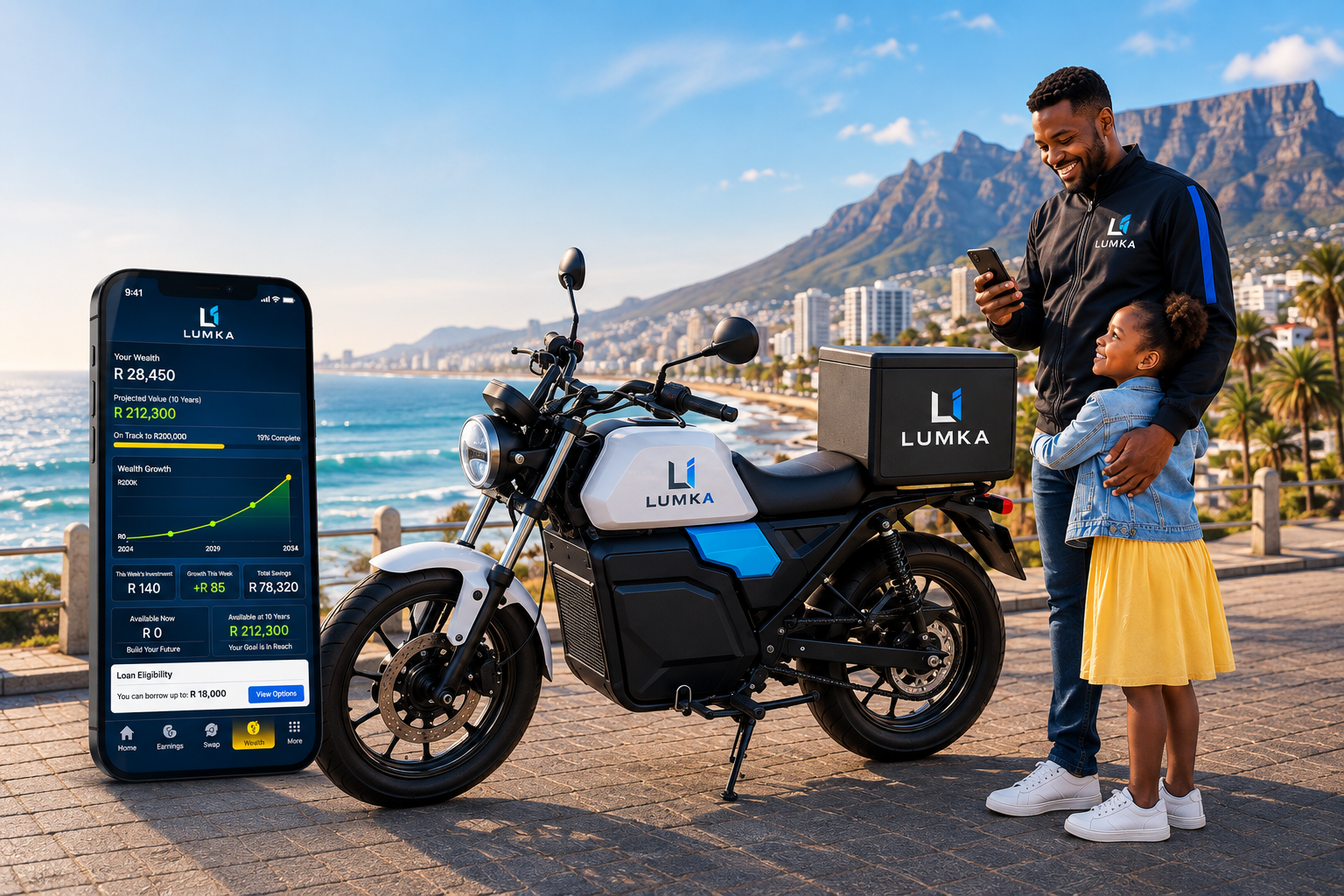 LUMKA father and daughter with electric delivery motorcycle in the Western Cape