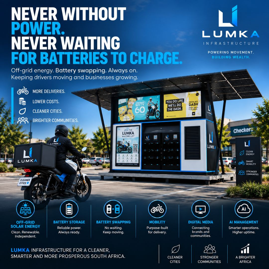 Never without power. Never waiting for batteries to charge. LUMKA off-grid solar energy, battery swapping, mobility, digital media and AI management.